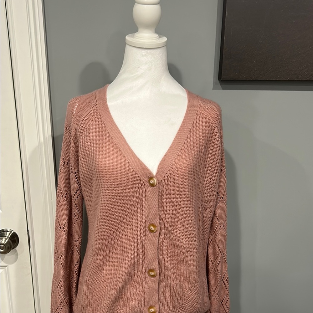 Pink Ribbed Knit Cardigan Sweater